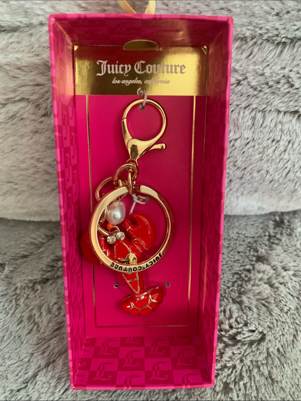 🆕- Juicy Couture Red Lobster Enamel Bag Charm Or KeyRing with Gold Hardware